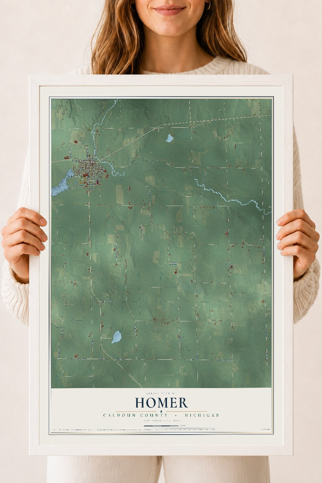 Map of Homer, Calhoun County, Michigan, 18 x 24 inch print in a white wood frame