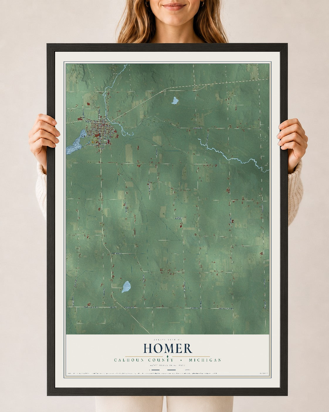 Map of Homer, Calhoun County, Michigan, 24 x 36 inch print in a black wood frame