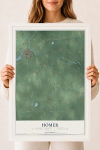 Map of Homer, Calhoun County, Michigan, 18 x 24 inch print in a white wood frame