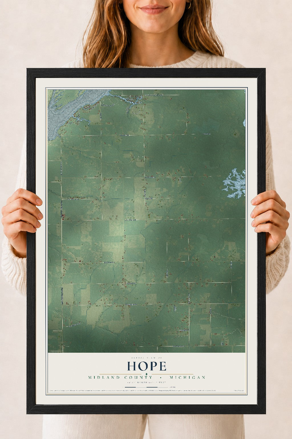 Map of Hope, Midland County, Michigan, 18 x 24 inch print in a black wood frame