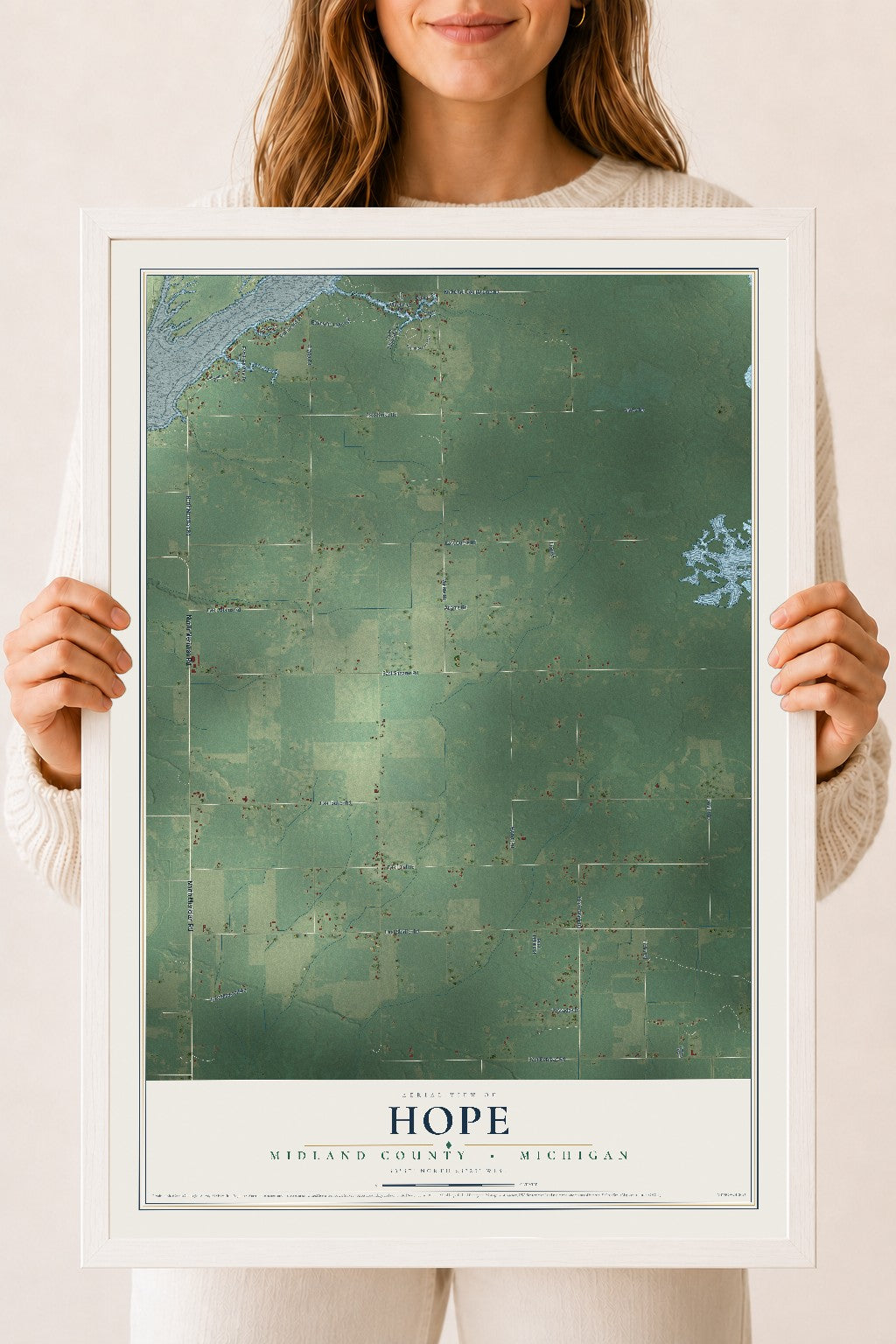 Map of Hope, Midland County, Michigan, 18 x 24 inch print in a white wood frame