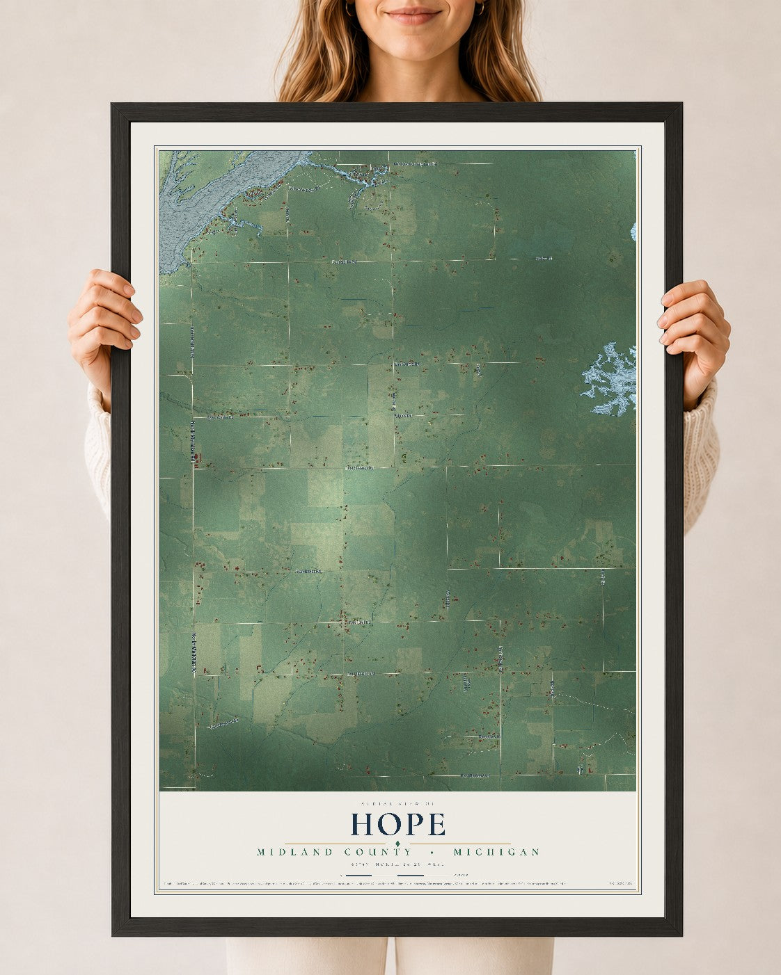 Map of Hope, Midland County, Michigan, 24 x 36 inch print in a black wood frame