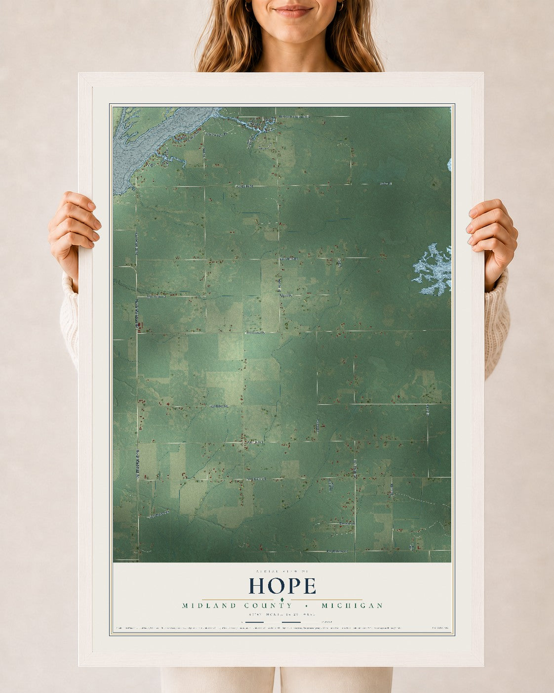 Map of Hope, Midland County, Michigan, 24 x 36 inch print in a white wood frame