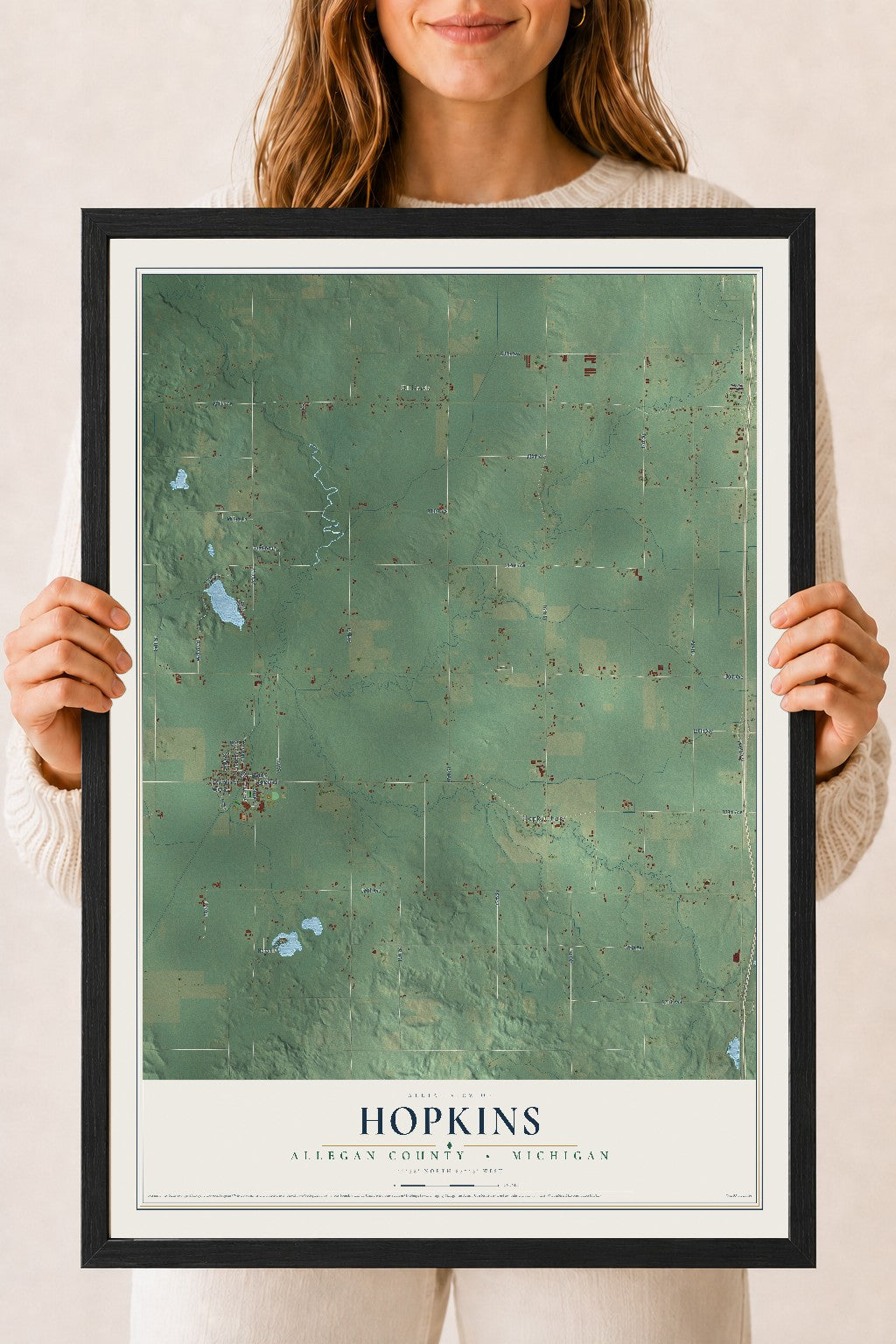 Map of Hopkins, Allegan County, Michigan, 18 x 24 inch print in a black wood frame
