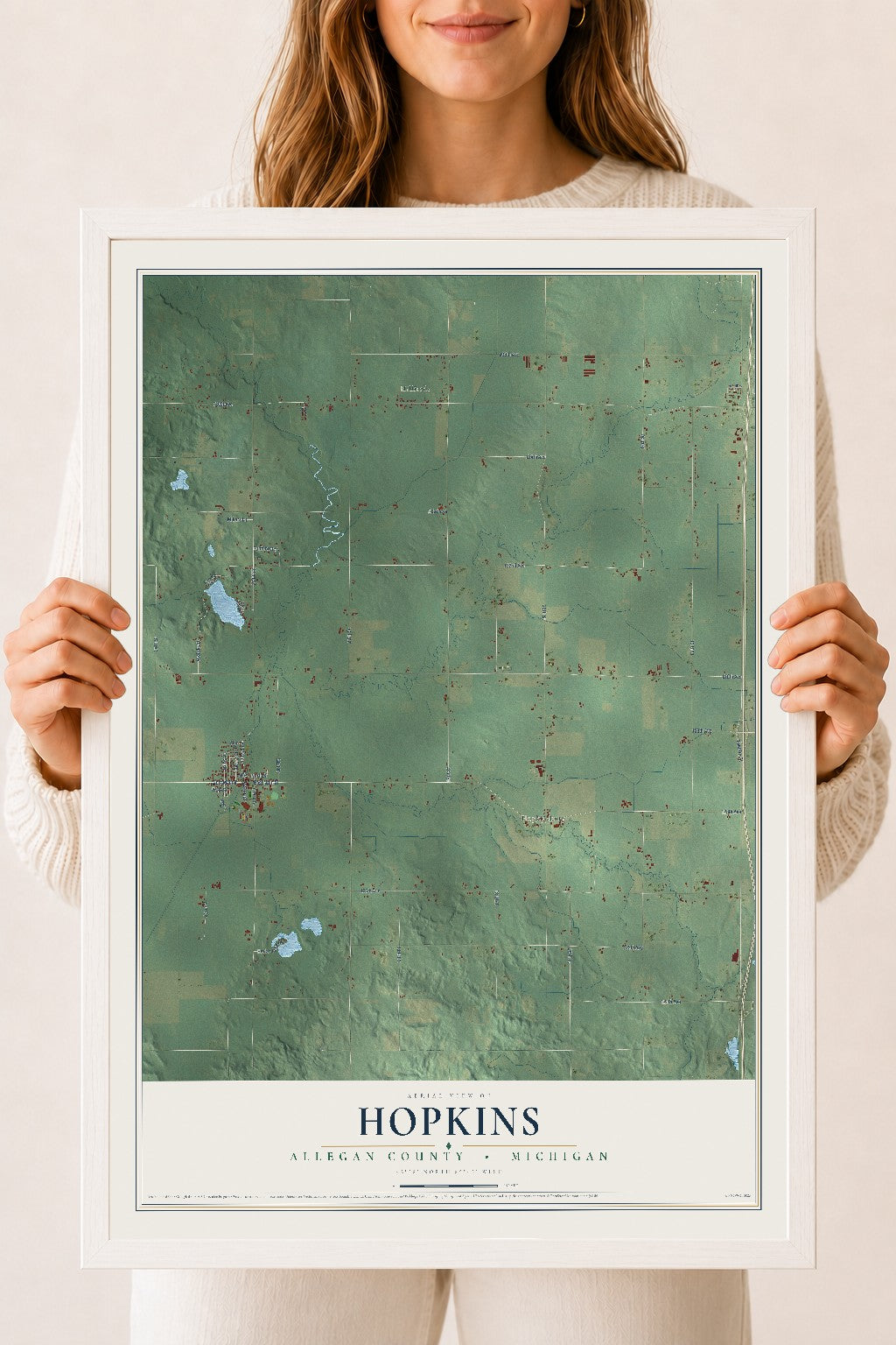 Map of Hopkins, Allegan County, Michigan, 18 x 24 inch print in a white wood frame