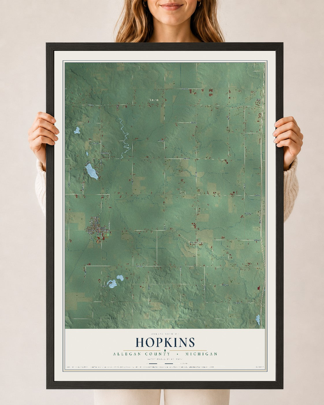 Map of Hopkins, Allegan County, Michigan, 24 x 36 inch print in a black wood frame
