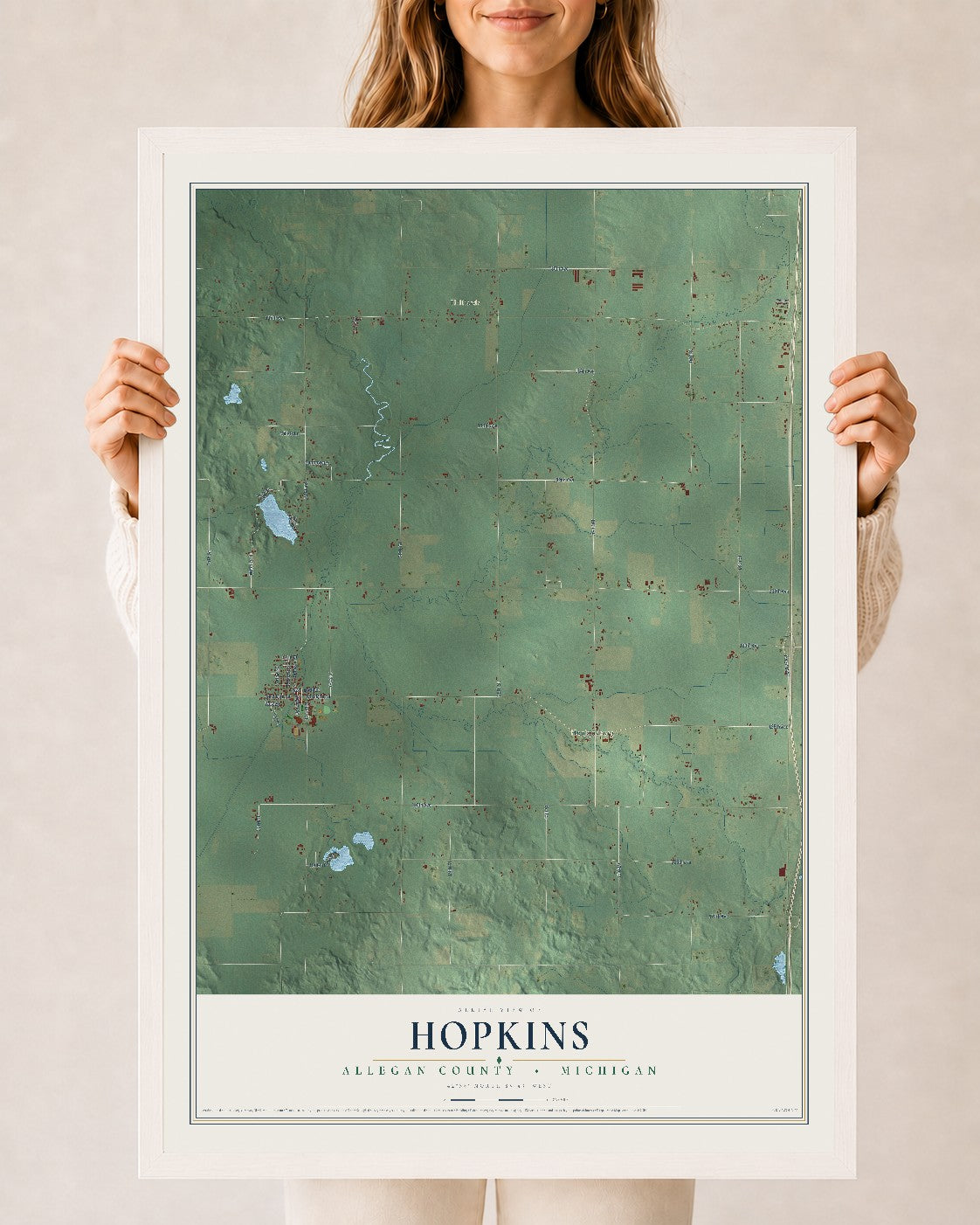 Map of Hopkins, Allegan County, Michigan, 24 x 36 inch print in a white wood frame