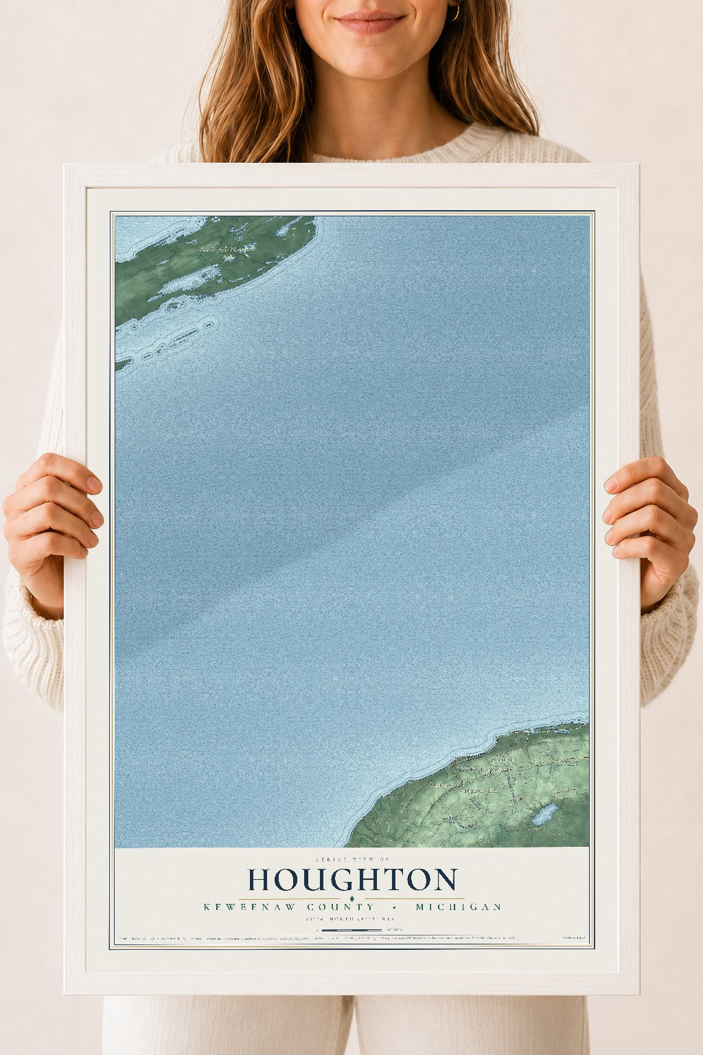 Map of Houghton, Keweenaw County, Michigan, 18 x 24 inch print in a white wood frame