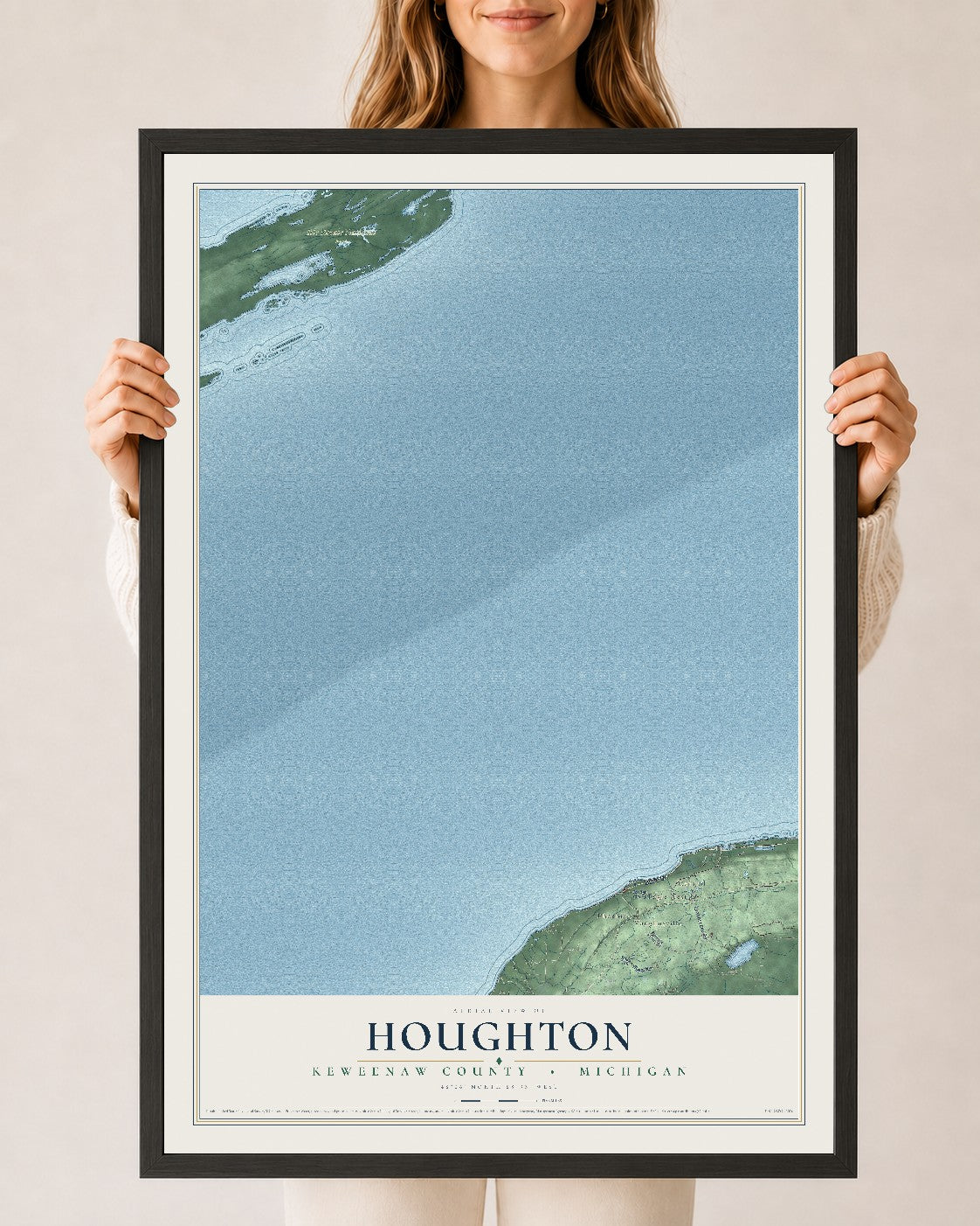 Map of Houghton, Keweenaw County, Michigan, 24 x 36 inch print in a black wood frame