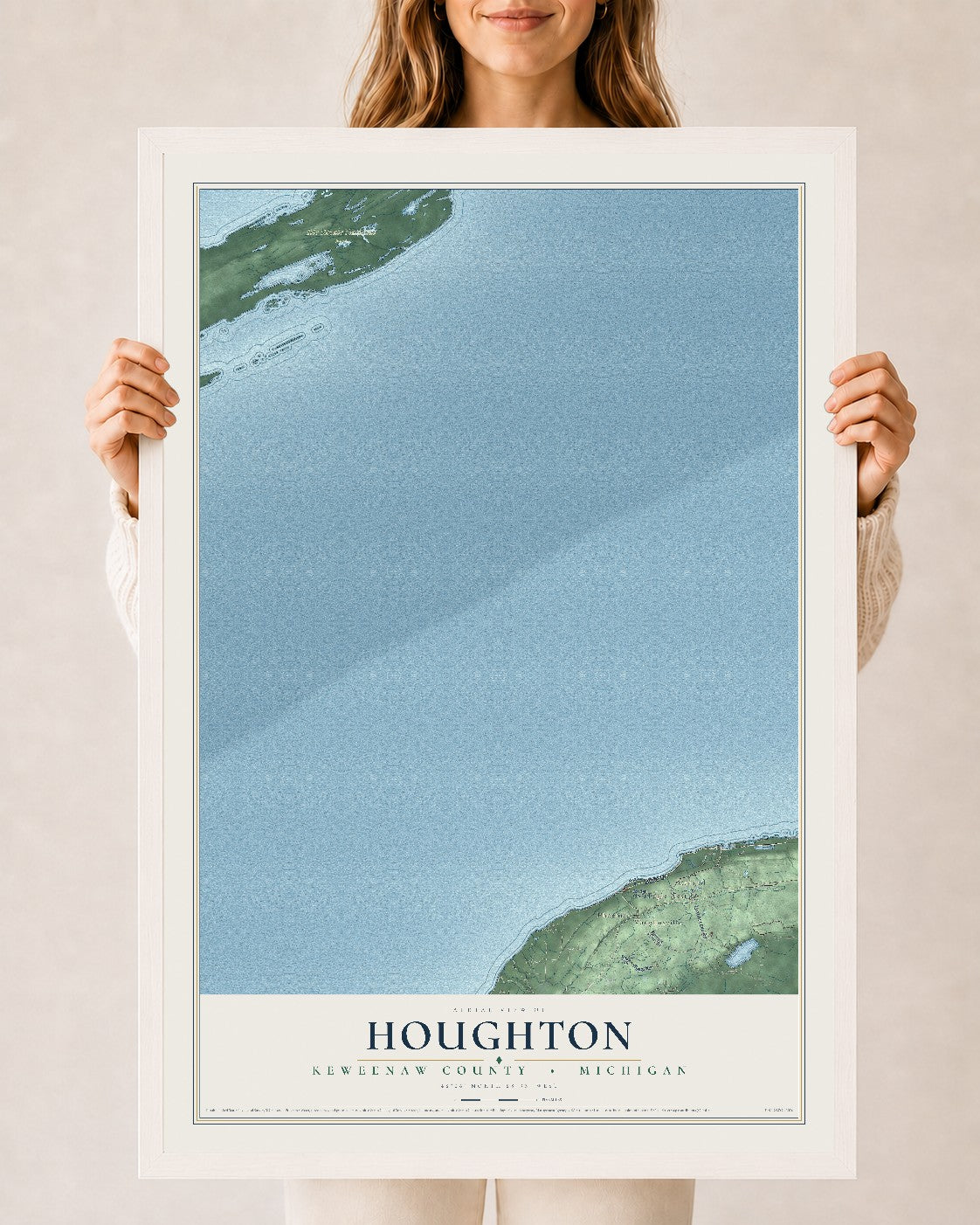 Map of Houghton, Keweenaw County, Michigan, 24 x 36 inch print in a white wood frame