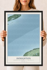 Map of Houghton, Keweenaw County, Michigan, 18 x 24 inch print in a black wood frame