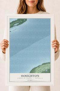 Map of Houghton, Keweenaw County, Michigan, 18 x 24 inch print in a white wood frame