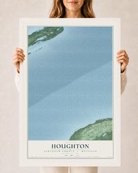 Map of Houghton, Keweenaw County, Michigan, 24 x 36 inch print in a white wood frame