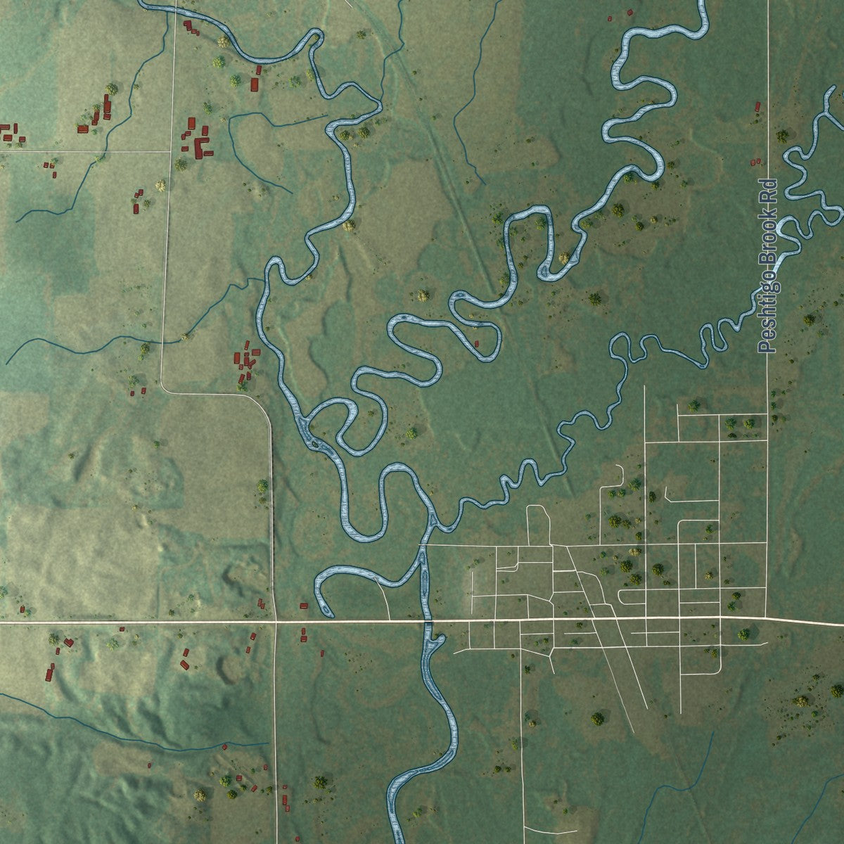 Close-up of the map of How, Wisconsin print showing street and building detail