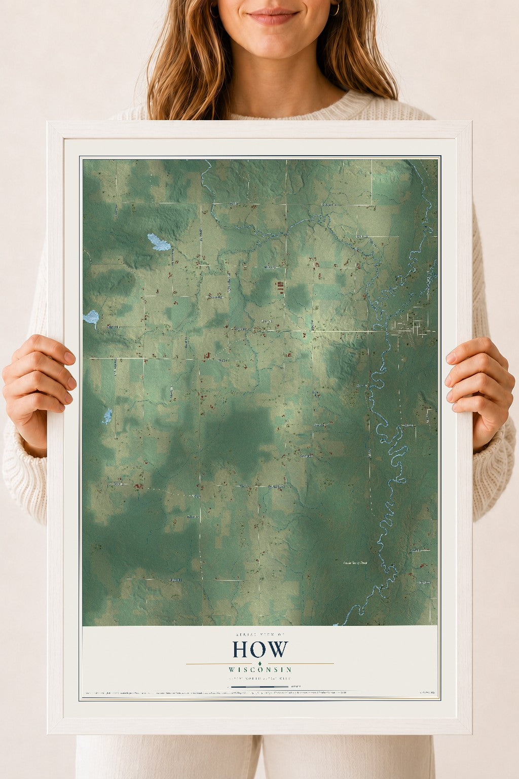 Map of How, Wisconsin, 18 x 24 inch print in a white wood frame