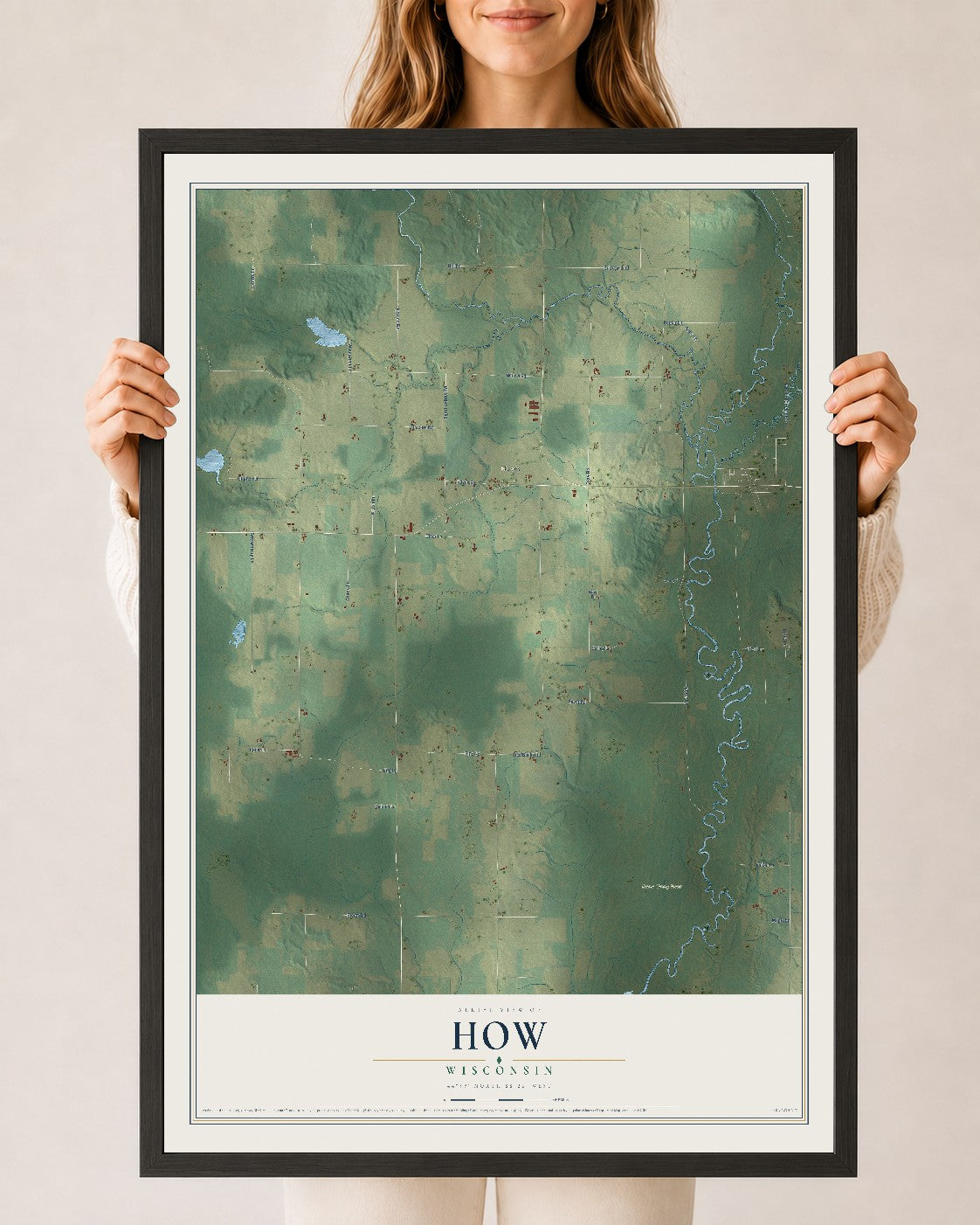 Map of How, Wisconsin, 24 x 36 inch print in a black wood frame