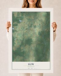 Map of How, Wisconsin, 24 x 36 inch print in a white wood frame
