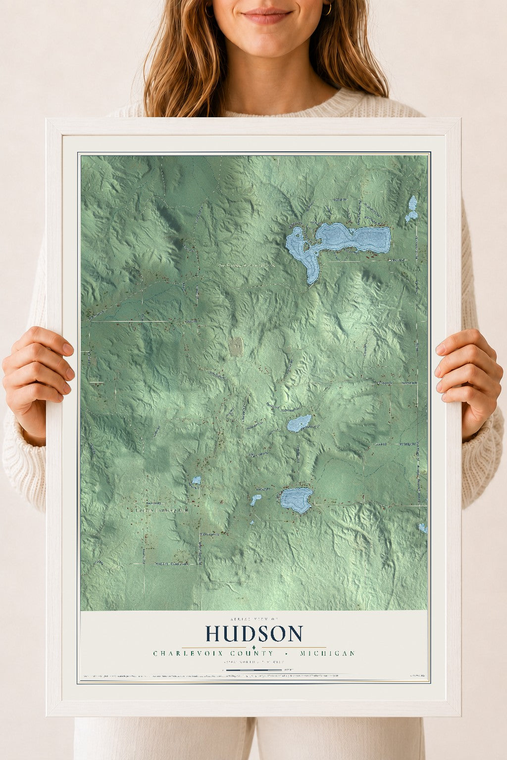 Map of Hudson, Charlevoix County, Michigan, 18 x 24 inch print in a white wood frame