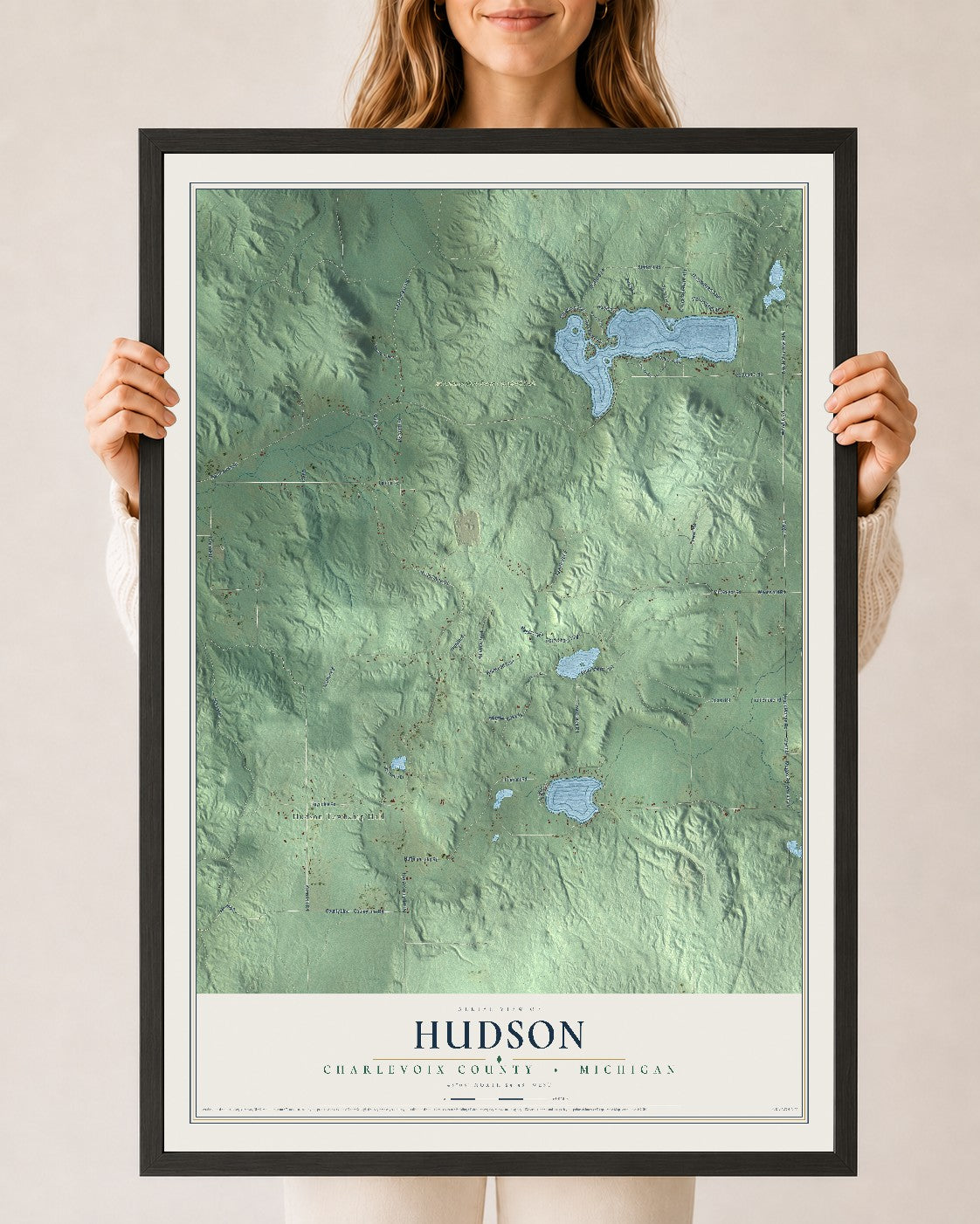 Map of Hudson, Charlevoix County, Michigan, 24 x 36 inch print in a black wood frame