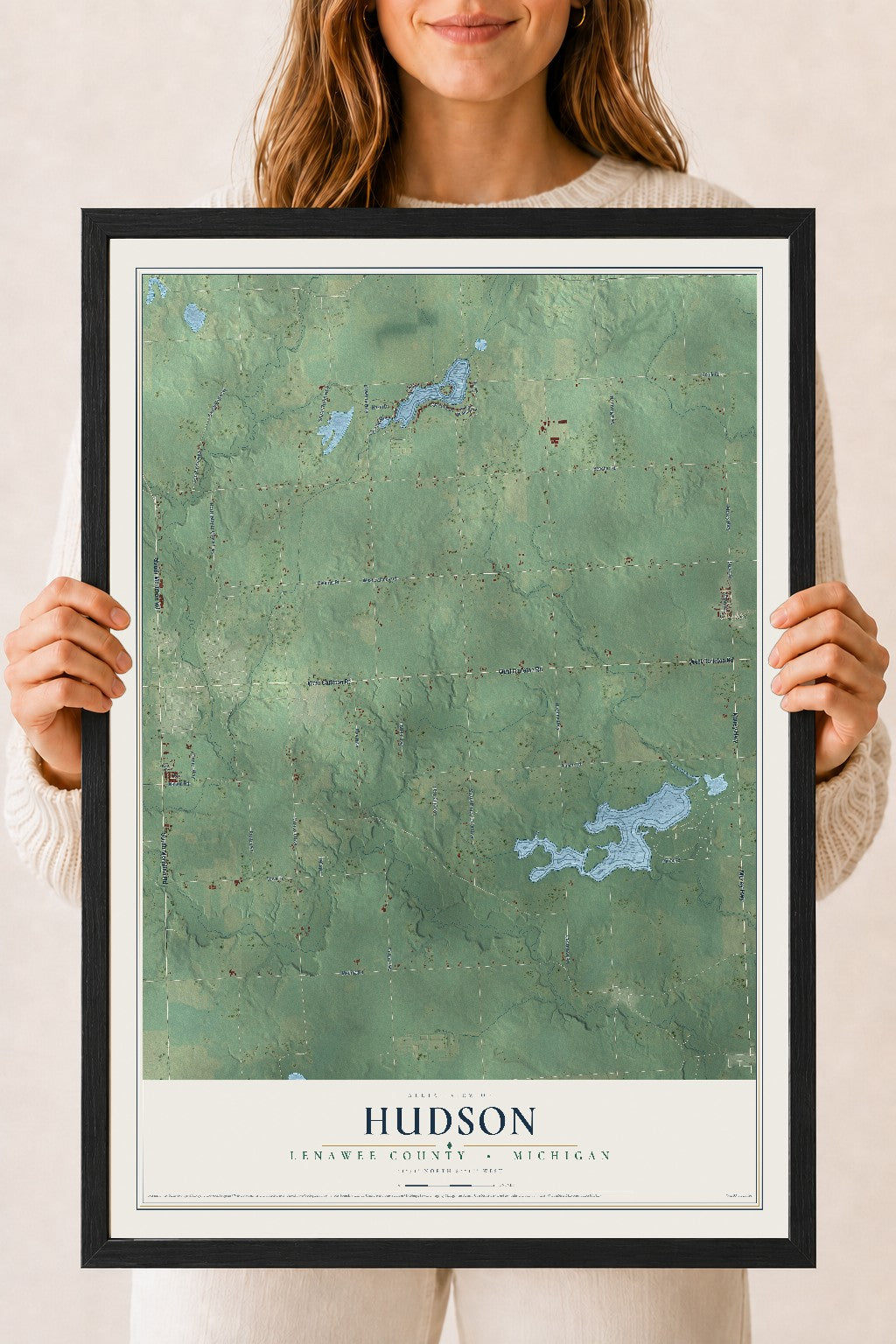 Map of Hudson, Lenawee County, Michigan, 18 x 24 inch print in a black wood frame