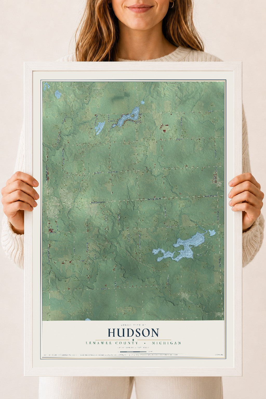 Map of Hudson, Lenawee County, Michigan, 18 x 24 inch print in a white wood frame