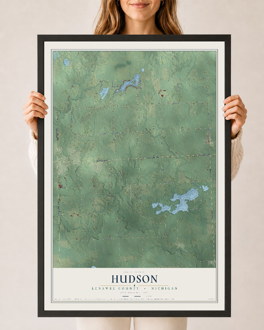 Map of Hudson, Lenawee County, Michigan, 24 x 36 inch print in a black wood frame
