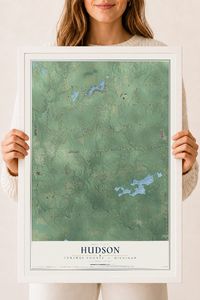 Map of Hudson, Lenawee County, Michigan, 18 x 24 inch print in a white wood frame