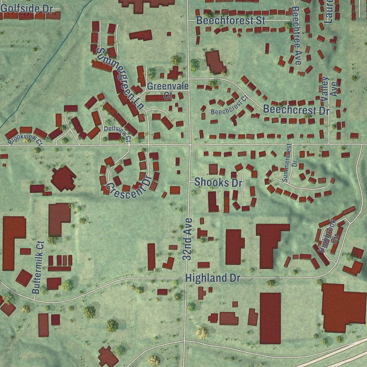 Second close-up of the map of Hudsonville, Michigan print showing more streets and buildings