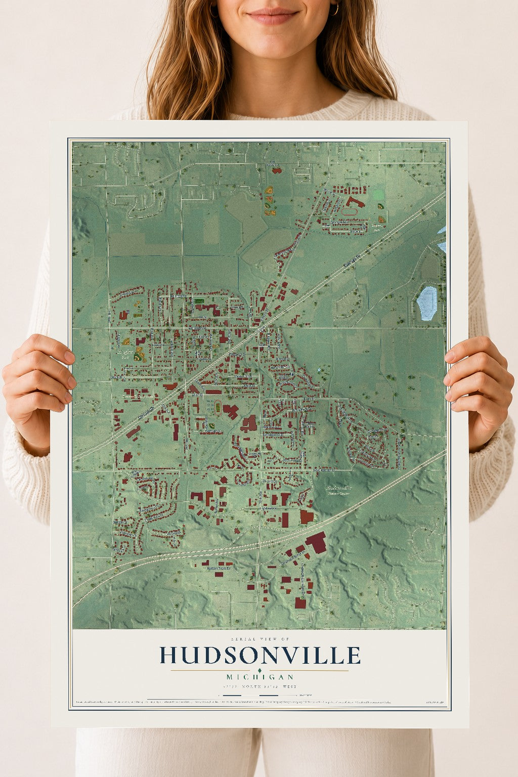 Map of Hudsonville, Michigan, 18 x 24 inch unframed archival matte print