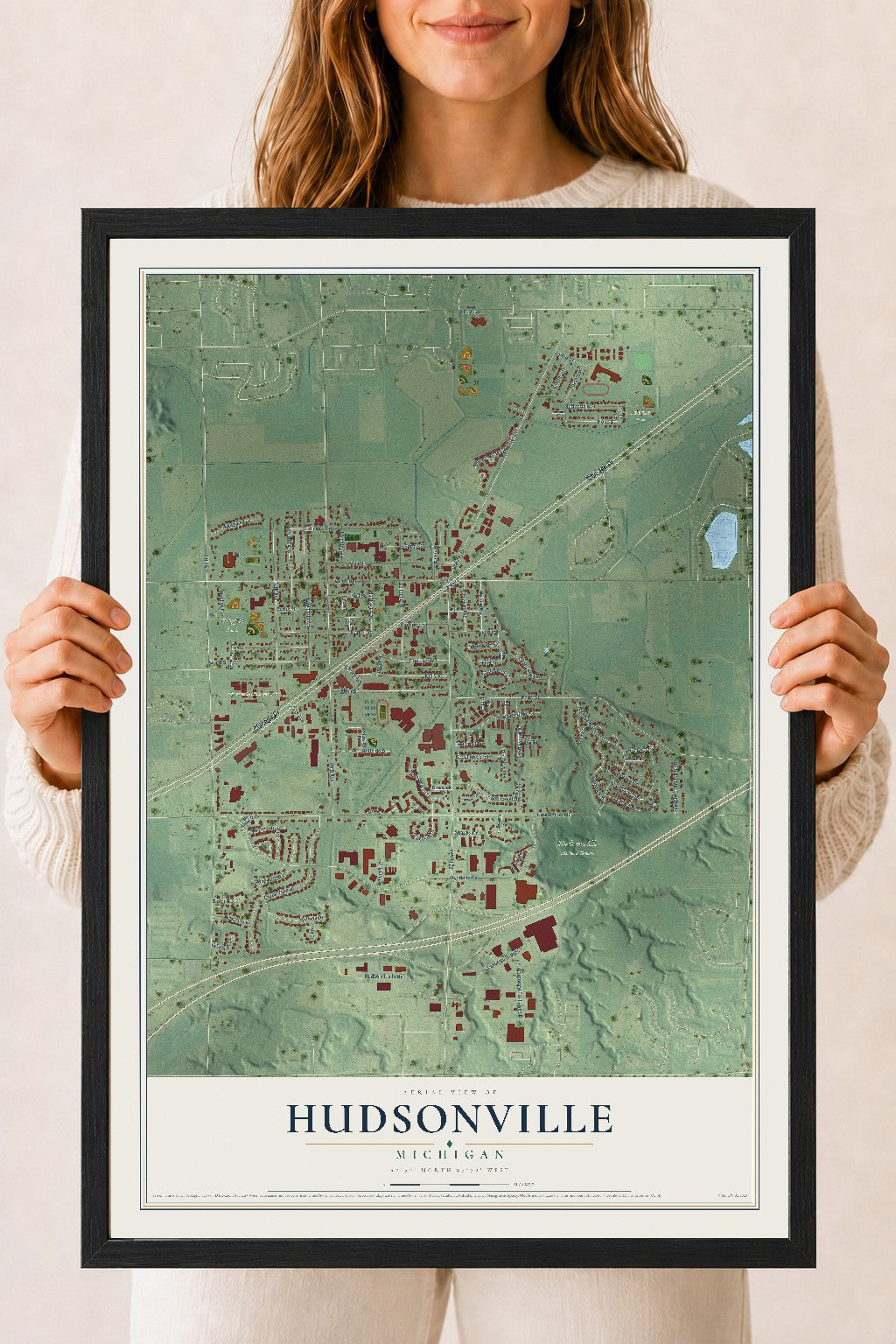 Map of Hudsonville, Michigan, 18 x 24 inch print in a black wood frame