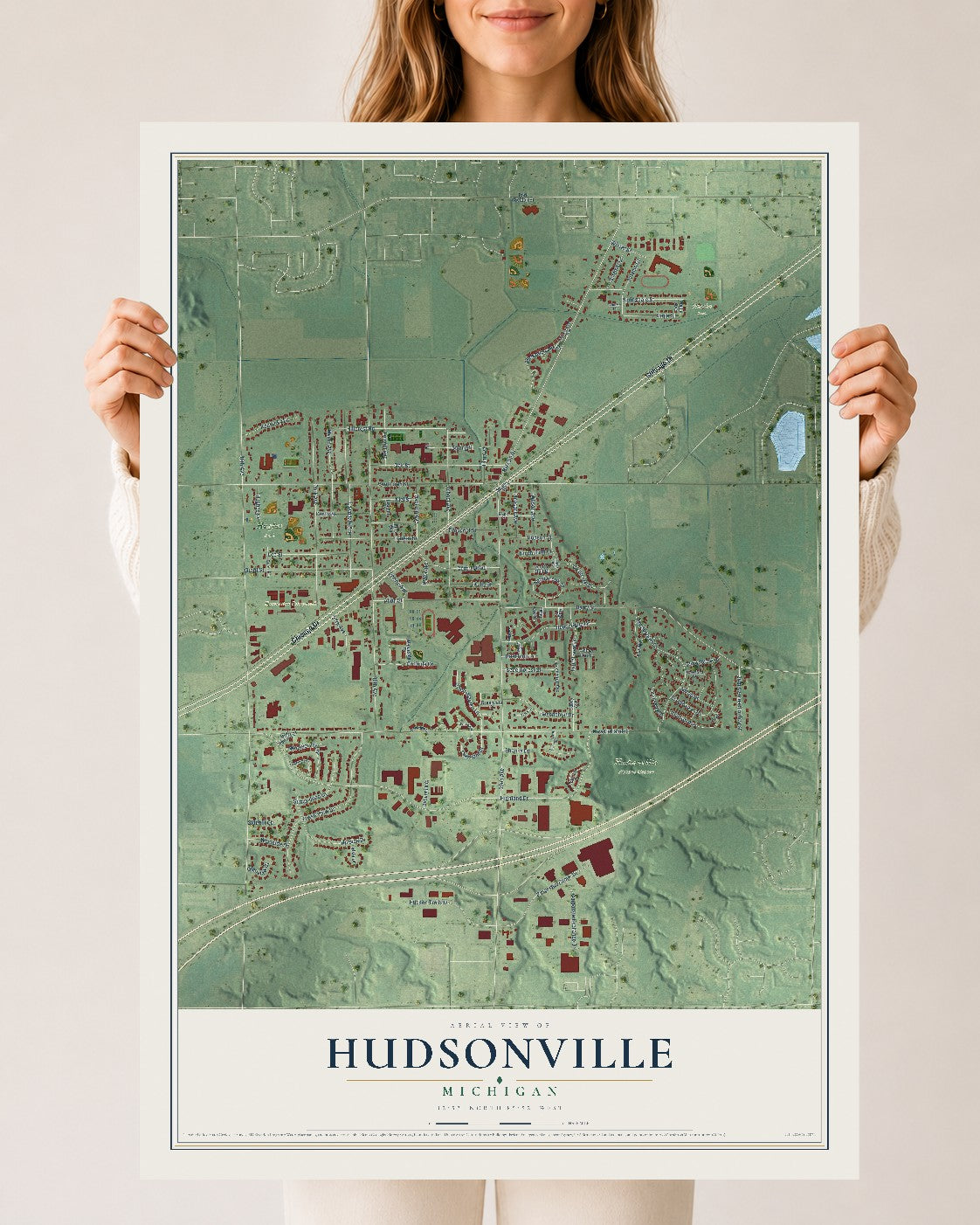 Map of Hudsonville, Michigan, 24 x 36 inch unframed archival matte print