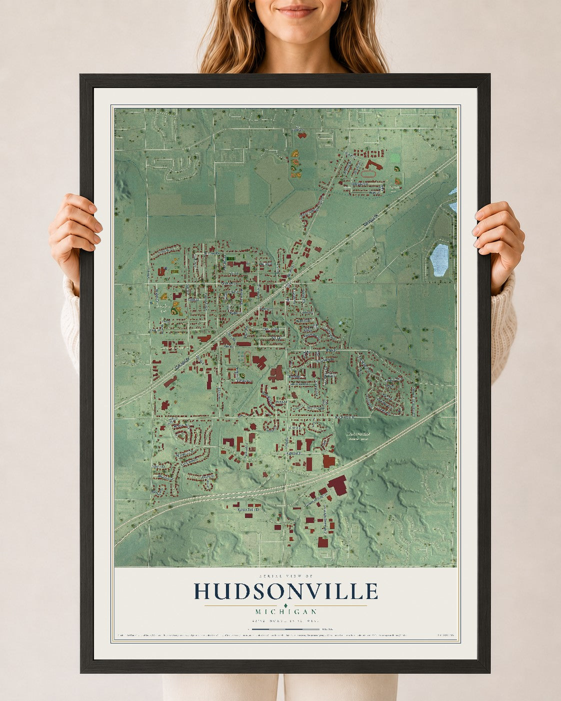 Map of Hudsonville, Michigan, 24 x 36 inch print in a black wood frame