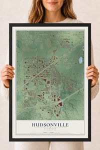 Map of Hudsonville, Michigan, 18 x 24 inch print in a black wood frame