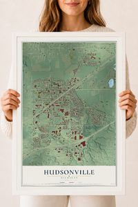 Map of Hudsonville, Michigan, 18 x 24 inch print in a white wood frame