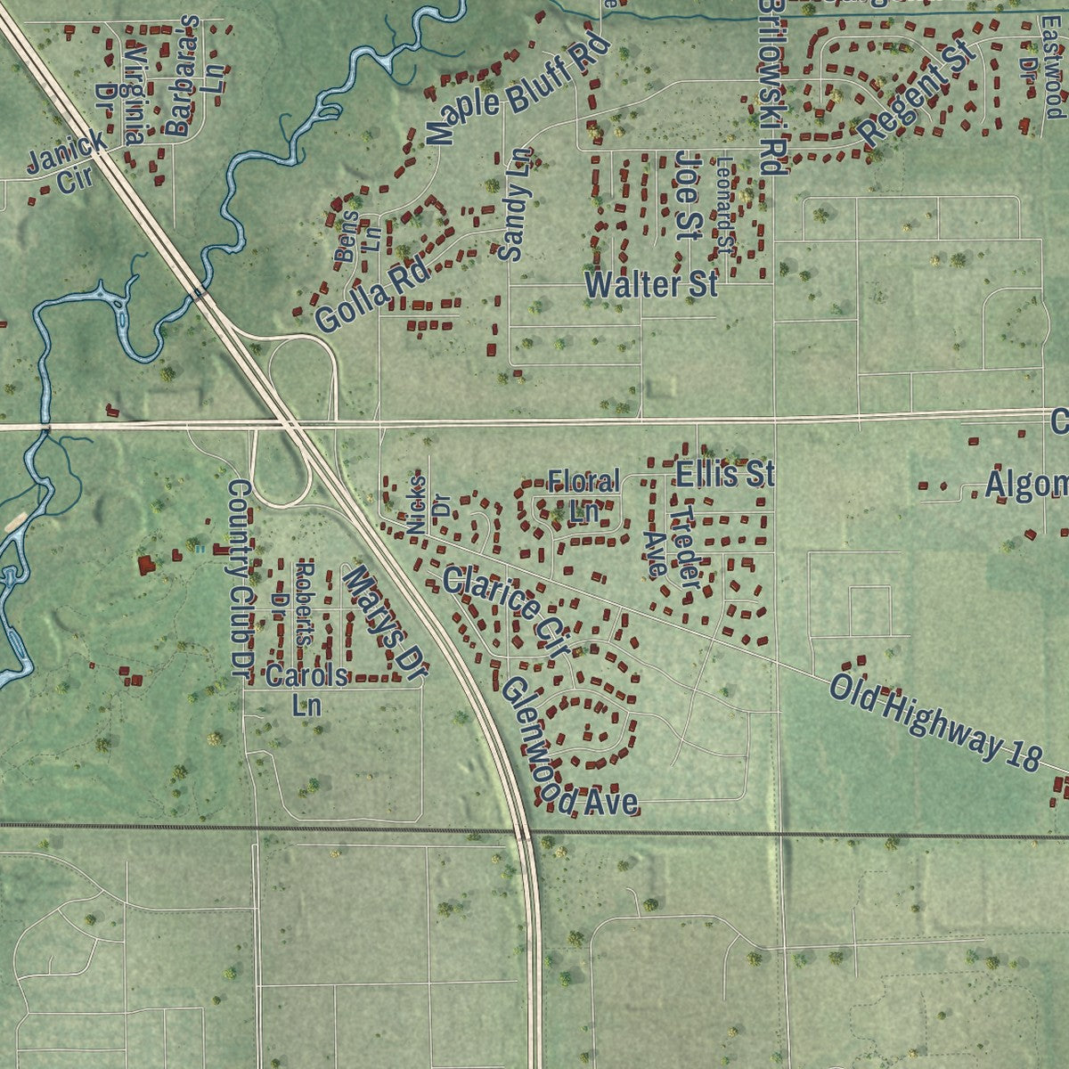 Second close-up of the map of Hull, Portage County, Wisconsin print showing more streets and buildings