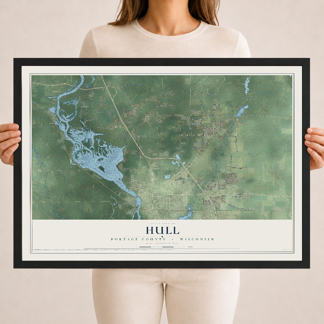 Map of Hull, Portage County, Wisconsin, 18 x 24 inch print in a black wood frame