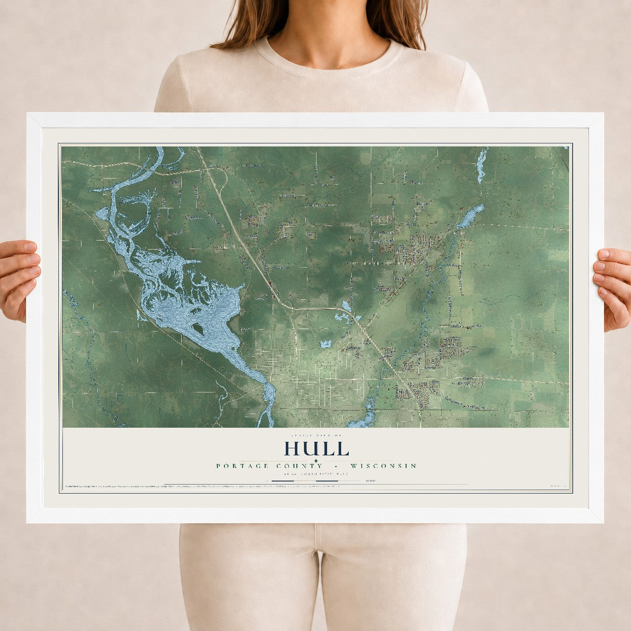 Map of Hull, Portage County, Wisconsin, 18 x 24 inch print in a white wood frame