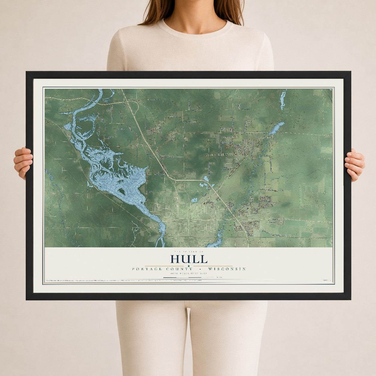 Map of Hull, Portage County, Wisconsin, 24 x 36 inch print in a black wood frame