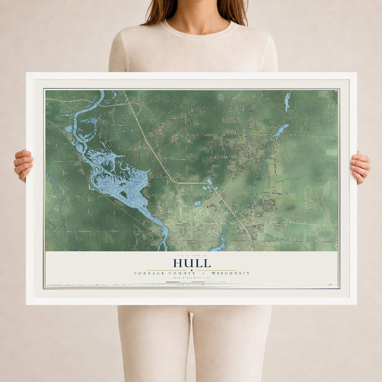 Map of Hull, Portage County, Wisconsin, 24 x 36 inch print in a white wood frame