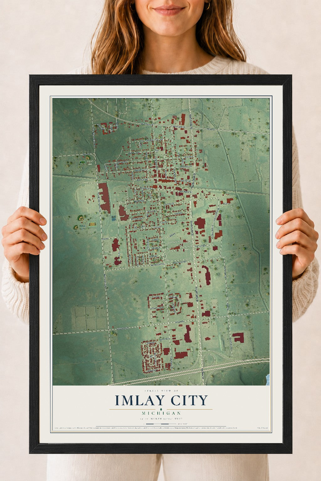 Map of Imlay City, Michigan, 18 x 24 inch print in a black wood frame