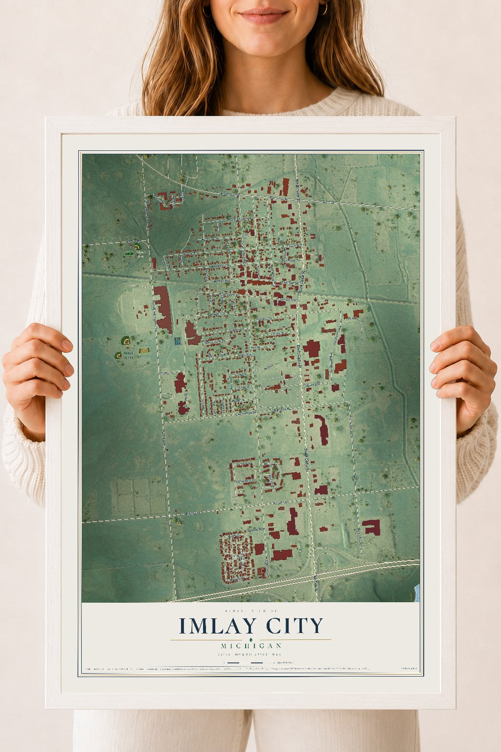 Map of Imlay City, Michigan, 18 x 24 inch print in a white wood frame