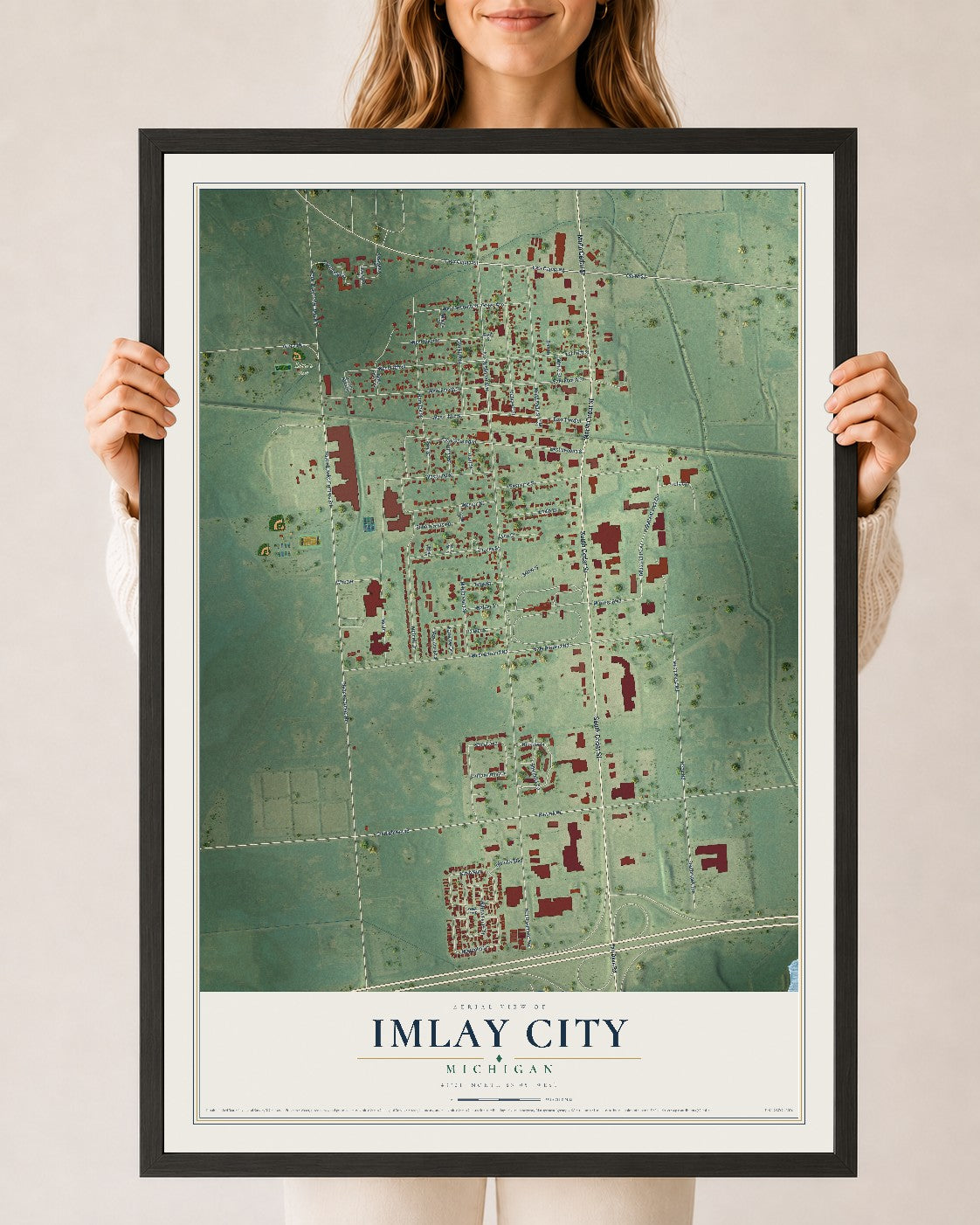 Map of Imlay City, Michigan, 24 x 36 inch print in a black wood frame