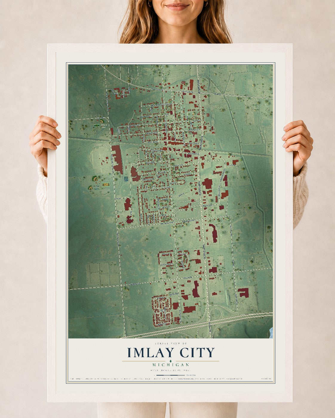Map of Imlay City, Michigan, 24 x 36 inch print in a white wood frame
