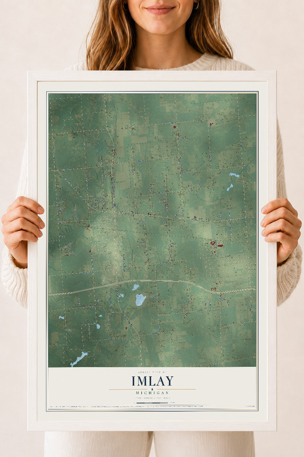 Map of Imlay, Michigan, 18 x 24 inch print in a white wood frame
