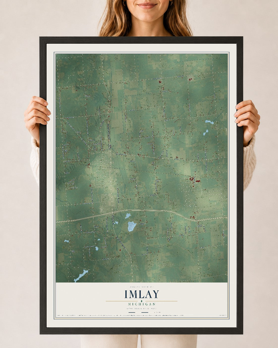 Map of Imlay, Michigan, 24 x 36 inch print in a black wood frame