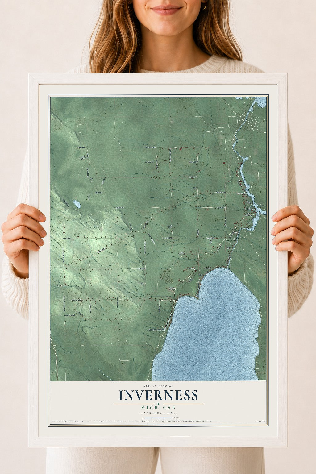 Map of Inverness, Michigan, 18 x 24 inch print in a white wood frame