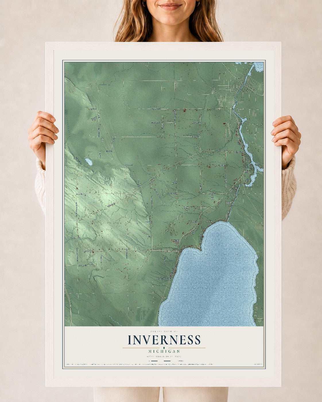 Map of Inverness, Michigan, 24 x 36 inch print in a white wood frame