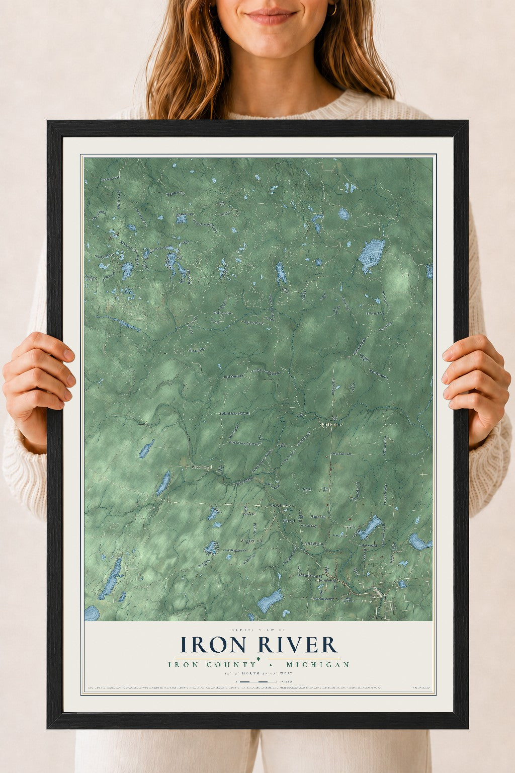 Map of Iron River, Iron County, Michigan, 18 x 24 inch print in a black wood frame