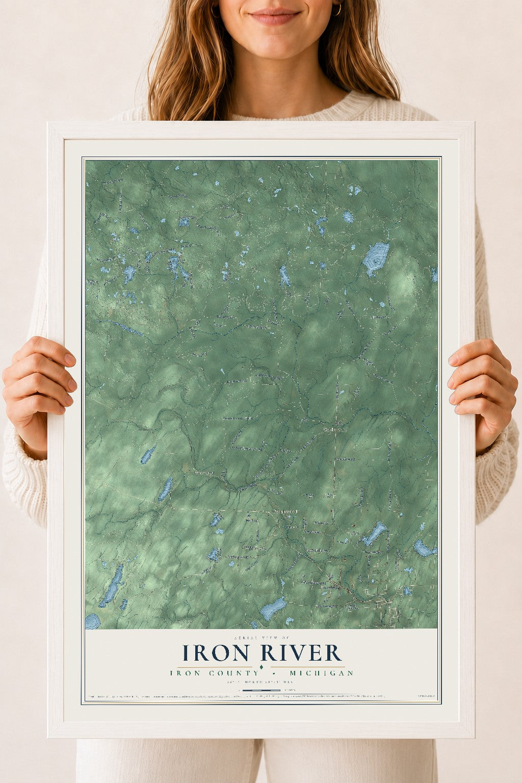 Map of Iron River, Iron County, Michigan, 18 x 24 inch print in a white wood frame