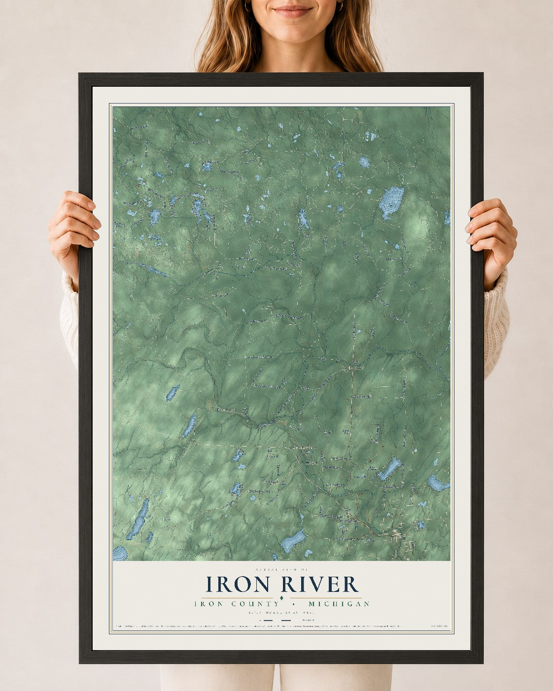 Map of Iron River, Iron County, Michigan, 24 x 36 inch print in a black wood frame